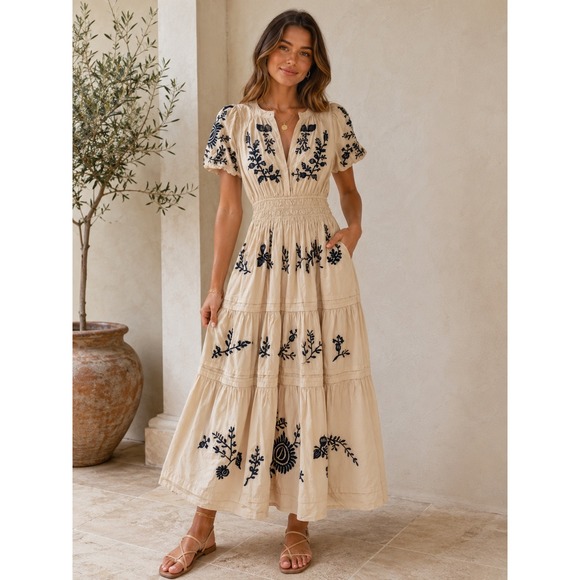Anthropologie Dresses & Skirts - Anthropologie Somerset Tan Black Embroidered Cotton Maxi Dress Size L